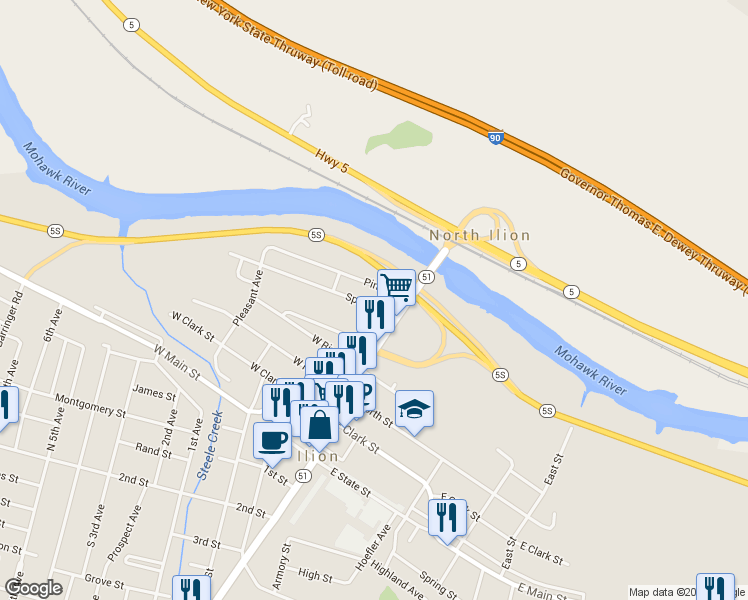 map of restaurants, bars, coffee shops, grocery stores, and more near 14 Spruce St in Ilion