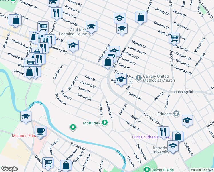 map of restaurants, bars, coffee shops, grocery stores, and more near 1045 North Chevrolet Avenue in Flint