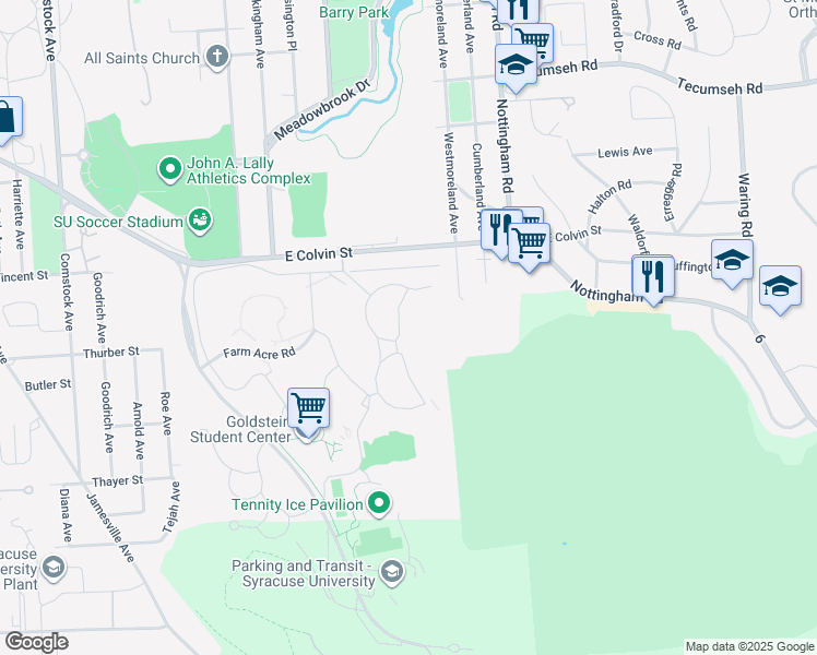 map of restaurants, bars, coffee shops, grocery stores, and more near 440 Slocum Drive in Syracuse