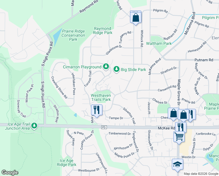 map of restaurants, bars, coffee shops, grocery stores, and more near 3021 Cimarron Trail in Madison