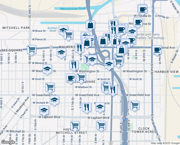 map of restaurants, bars, coffee shops, grocery stores, and more near 1100 South 9th Street in Milwaukee