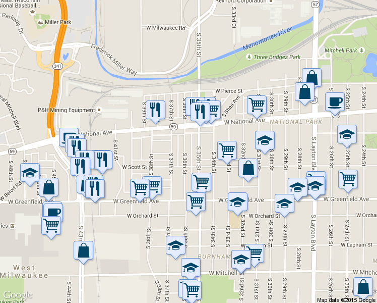 map of restaurants, bars, coffee shops, grocery stores, and more near 1028 South 36th Street in Milwaukee
