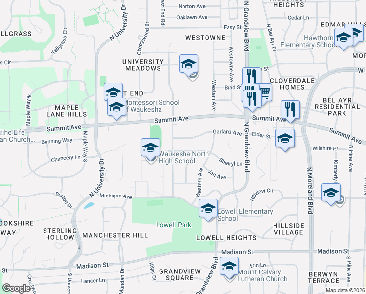 map of restaurants, bars, coffee shops, grocery stores, and more near 2120 Sherryl Lane in Waukesha