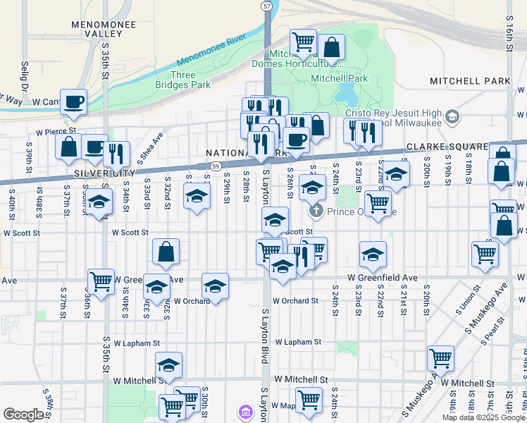 map of restaurants, bars, coffee shops, grocery stores, and more near 1113 South Layton Boulevard in Milwaukee