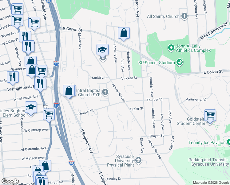 map of restaurants, bars, coffee shops, grocery stores, and more near 614 Jamesville Avenue in Syracuse