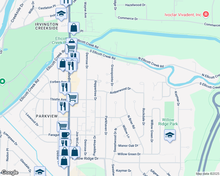 map of restaurants, bars, coffee shops, grocery stores, and more near 14 Grasspointe Drive in Buffalo