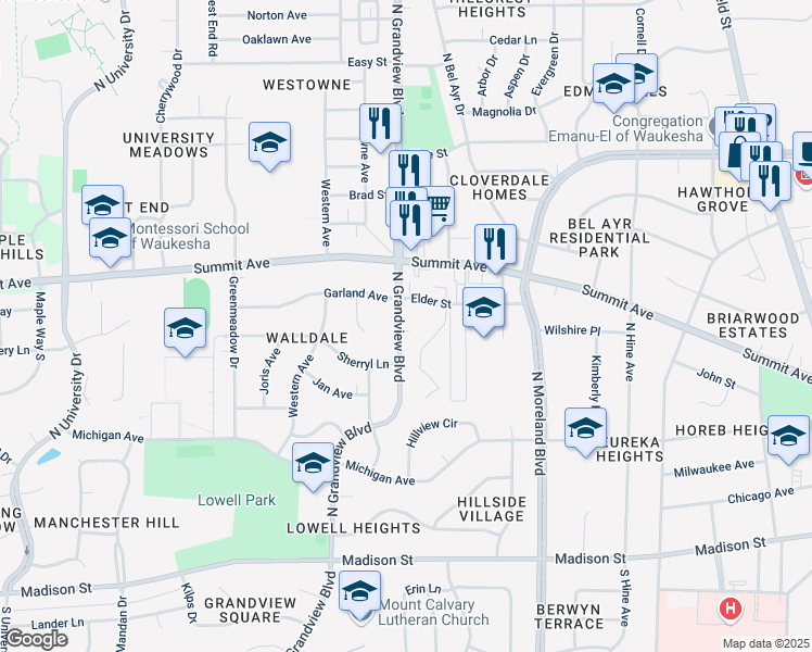 map of restaurants, bars, coffee shops, grocery stores, and more near 433 North Grandview Boulevard in Waukesha