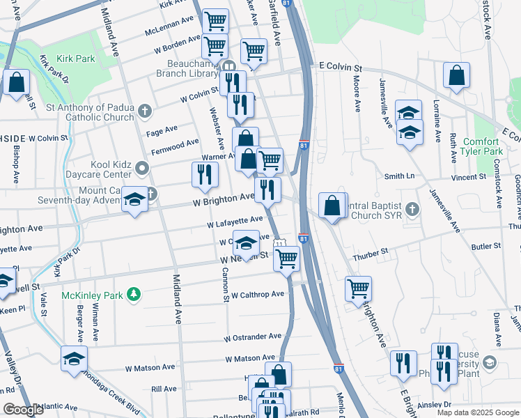 map of restaurants, bars, coffee shops, grocery stores, and more near 2842-46 South Salina Street in Syracuse