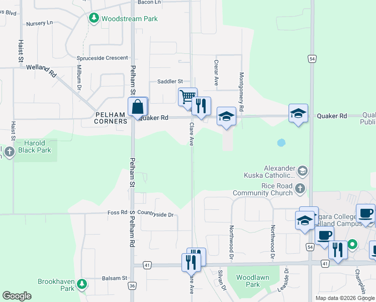 map of restaurants, bars, coffee shops, grocery stores, and more near in Welland