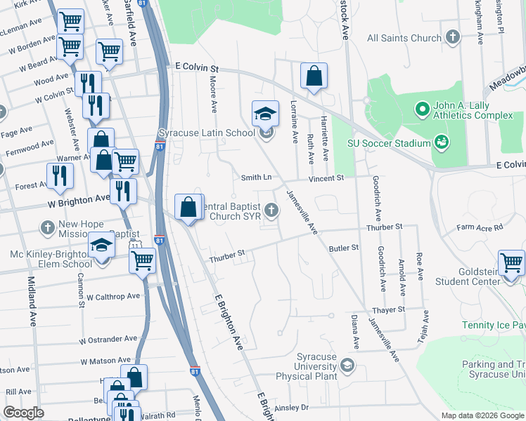 map of restaurants, bars, coffee shops, grocery stores, and more near 121 Burten Street in Syracuse