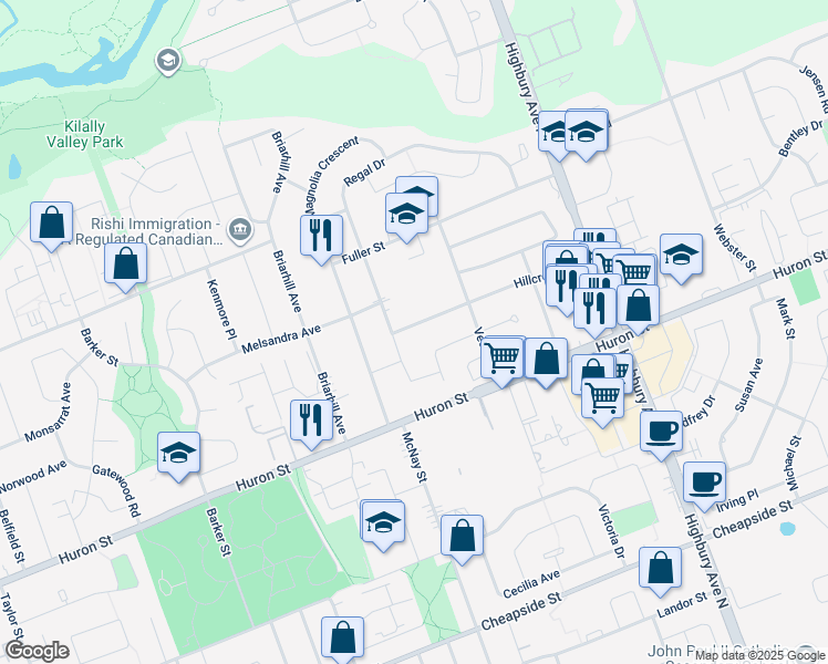 map of restaurants, bars, coffee shops, grocery stores, and more near 1225 Hillcrest Avenue in London