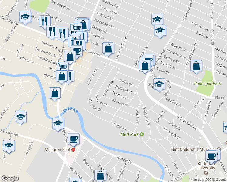 map of restaurants, bars, coffee shops, grocery stores, and more near 2560 Tyrone Street in Flint