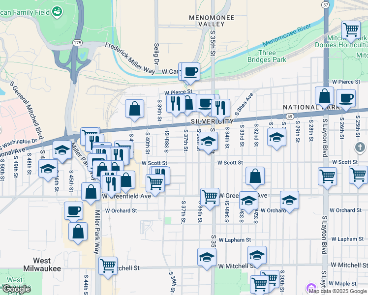 map of restaurants, bars, coffee shops, grocery stores, and more near 1029 South 37th Street in Milwaukee