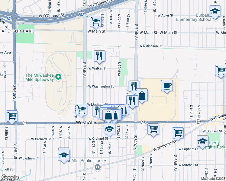 map of restaurants, bars, coffee shops, grocery stores, and more near 1114 South 73rd Street in West Allis