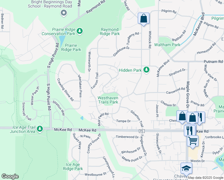 map of restaurants, bars, coffee shops, grocery stores, and more near 3021 Cimarron Trail in Madison