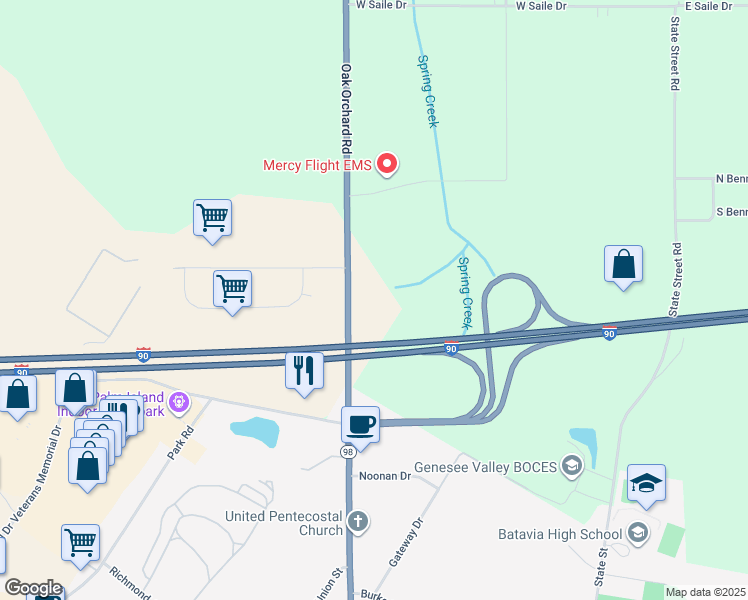 map of restaurants, bars, coffee shops, grocery stores, and more near 8103 Oak Orchard Road in Batavia