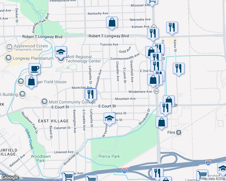map of restaurants, bars, coffee shops, grocery stores, and more near 2201 Windemere Avenue in Flint
