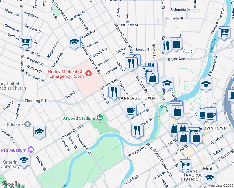 map of restaurants, bars, coffee shops, grocery stores, and more near 427 West 4th Avenue in Flint