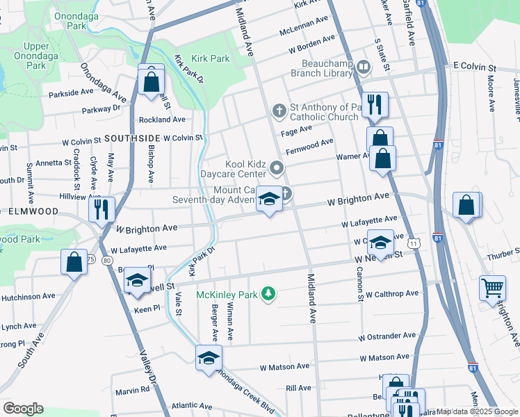 map of restaurants, bars, coffee shops, grocery stores, and more near 412 West Brighton Avenue in Syracuse