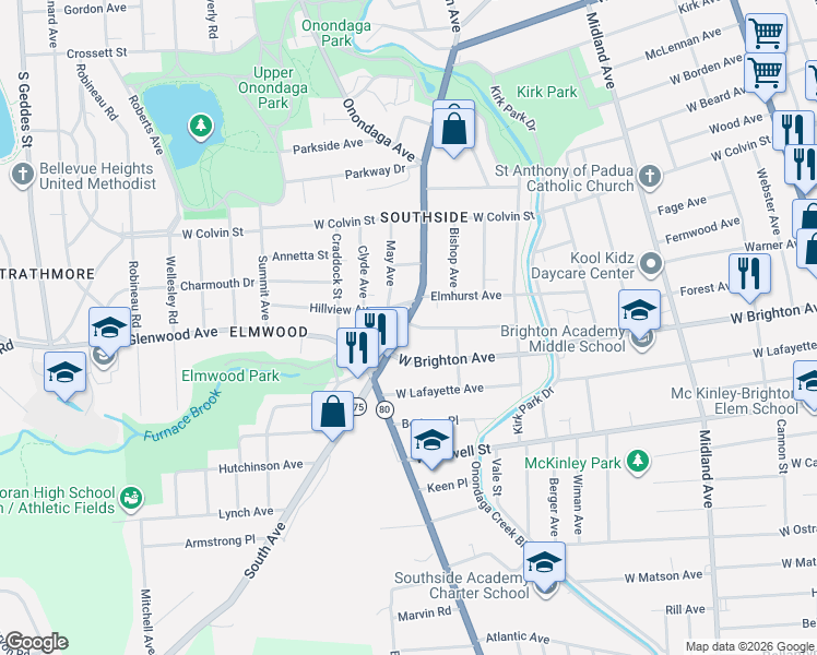 map of restaurants, bars, coffee shops, grocery stores, and more near 319 Marguerite Avenue in Syracuse