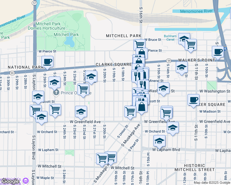 map of restaurants, bars, coffee shops, grocery stores, and more near 1107 South 18th Street in Milwaukee