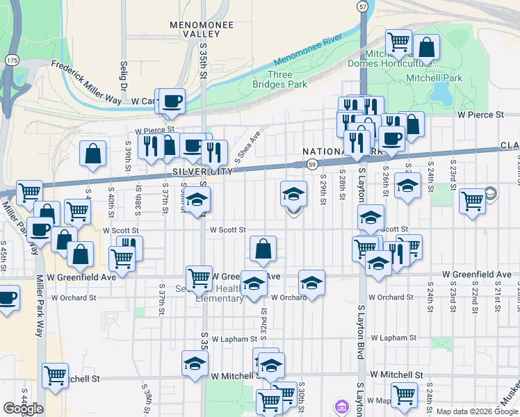 map of restaurants, bars, coffee shops, grocery stores, and more near 1101 South 32nd Street in Milwaukee