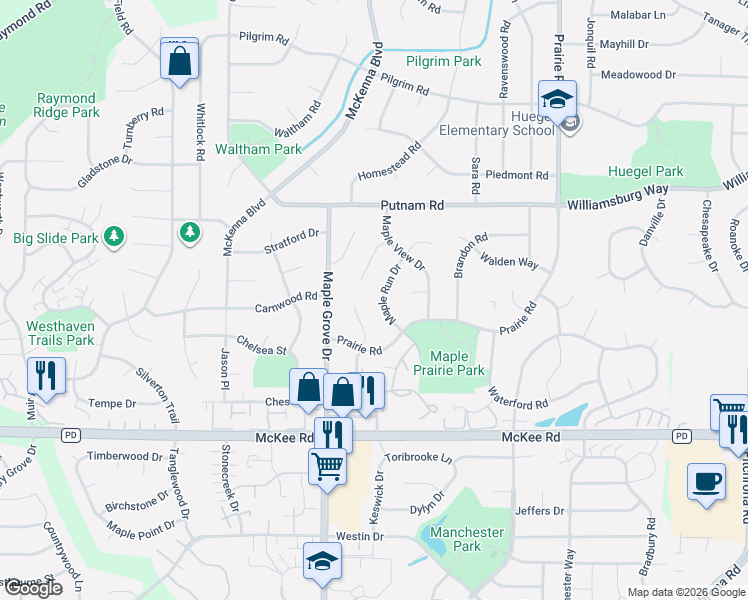 map of restaurants, bars, coffee shops, grocery stores, and more near 25 Maple Valley Court in Madison