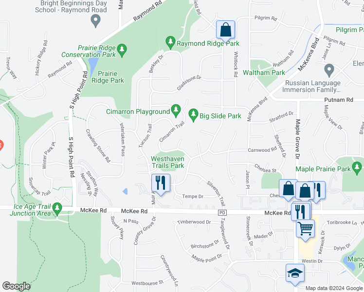 map of restaurants, bars, coffee shops, grocery stores, and more near 3021 Cimarron Trail in Madison