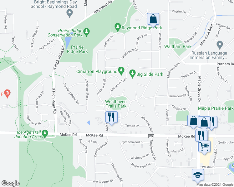 map of restaurants, bars, coffee shops, grocery stores, and more near 3021 Cimarron Trail in Madison