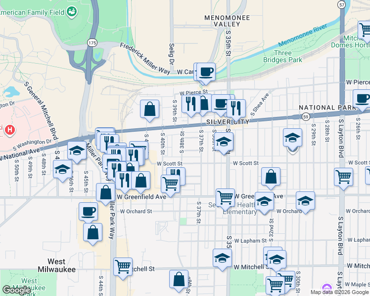 map of restaurants, bars, coffee shops, grocery stores, and more near 3746 West Frederica Place in Milwaukee
