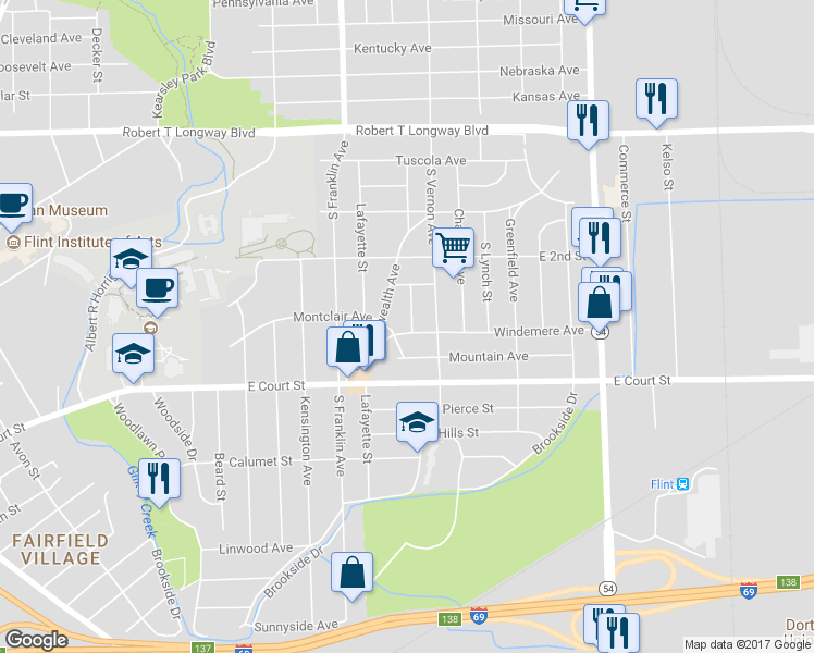 map of restaurants, bars, coffee shops, grocery stores, and more near 2109 Windemere Avenue in Flint