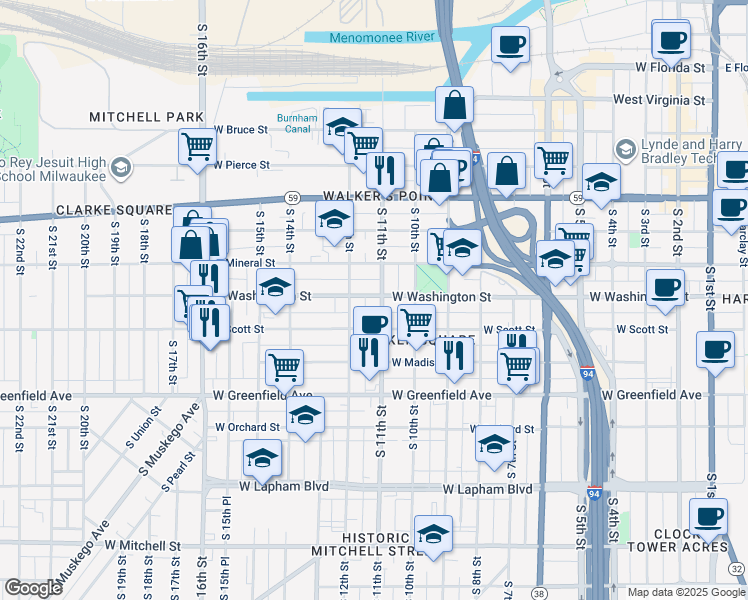 map of restaurants, bars, coffee shops, grocery stores, and more near 1101 South 11th Street in Milwaukee