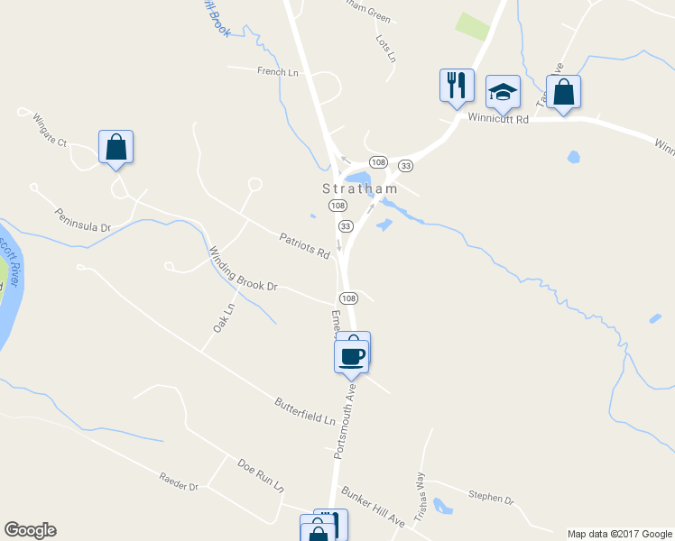 map of restaurants, bars, coffee shops, grocery stores, and more near 3 Patriots Road in Stratham