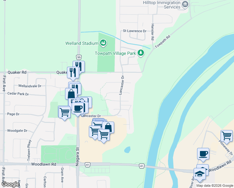 map of restaurants, bars, coffee shops, grocery stores, and more near 17 Jackson Court West in Welland