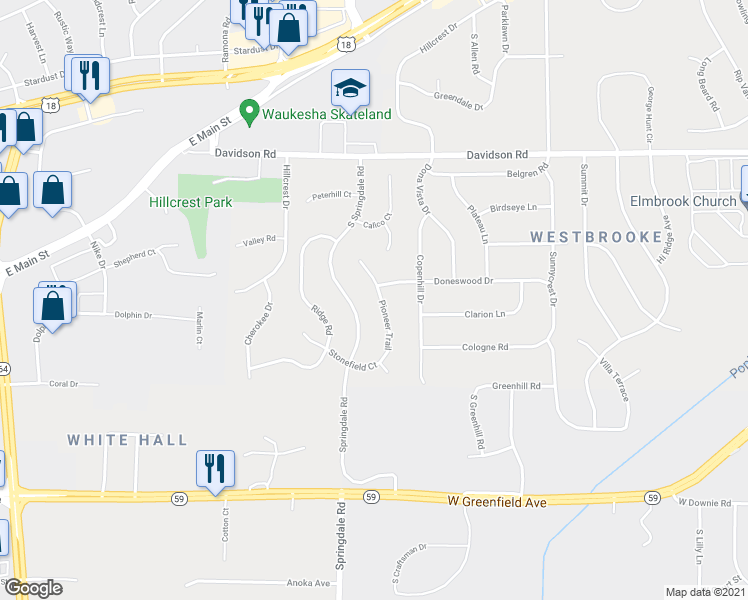 map of restaurants, bars, coffee shops, grocery stores, and more near 1115 Pioneer Trail in Waukesha