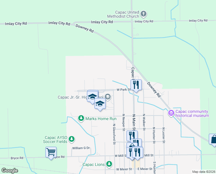 map of restaurants, bars, coffee shops, grocery stores, and more near 15096 West Park Street in Capac