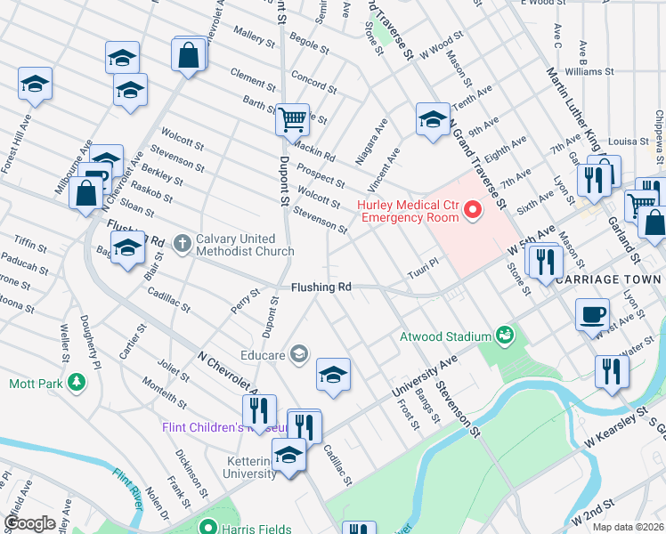 map of restaurants, bars, coffee shops, grocery stores, and more near 1024 Frost Street in Flint