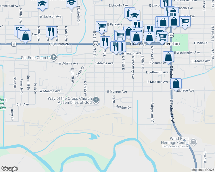 map of restaurants, bars, coffee shops, grocery stores, and more near 107 East Madison Avenue in Riverton