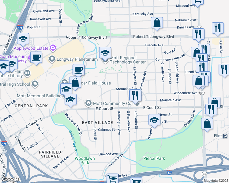 map of restaurants, bars, coffee shops, grocery stores, and more near 1710 Montclair Avenue in Flint