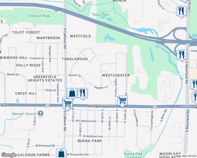 map of restaurants, bars, coffee shops, grocery stores, and more near 1105 Forest Lane in Brookfield