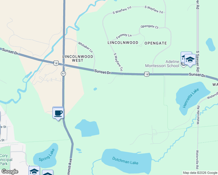 map of restaurants, bars, coffee shops, grocery stores, and more near Glacial Drumlin State Trail in Oconomowoc