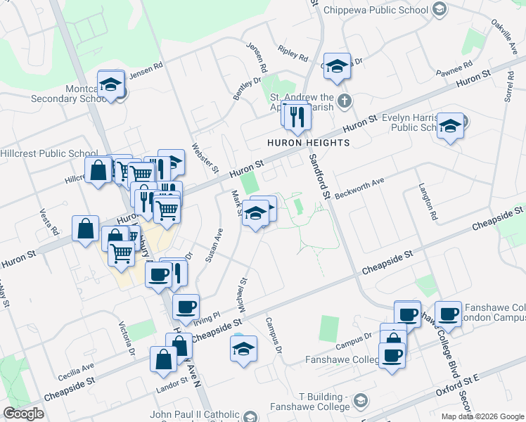 map of restaurants, bars, coffee shops, grocery stores, and more near 1370 Michael Circle in London