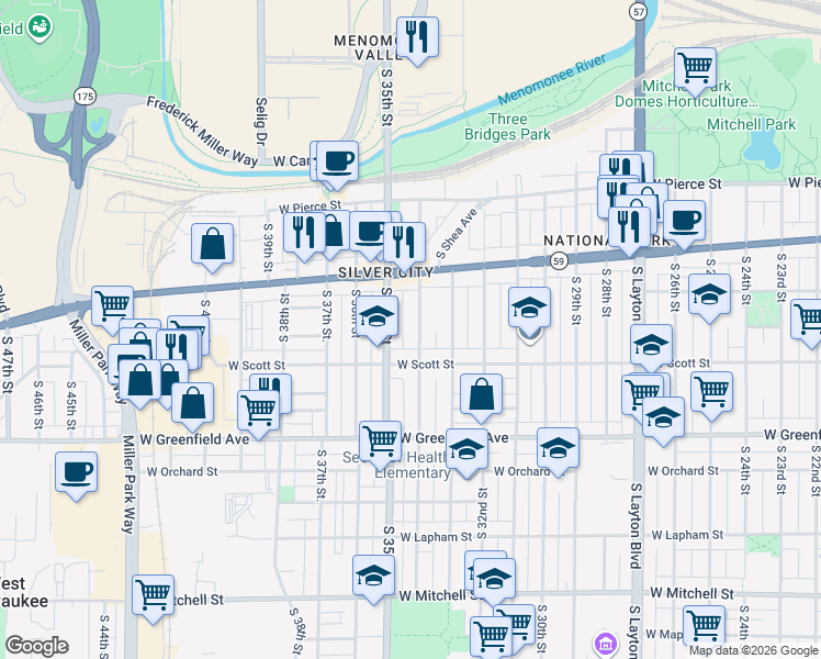 map of restaurants, bars, coffee shops, grocery stores, and more near 1031 South 34th Street in Milwaukee