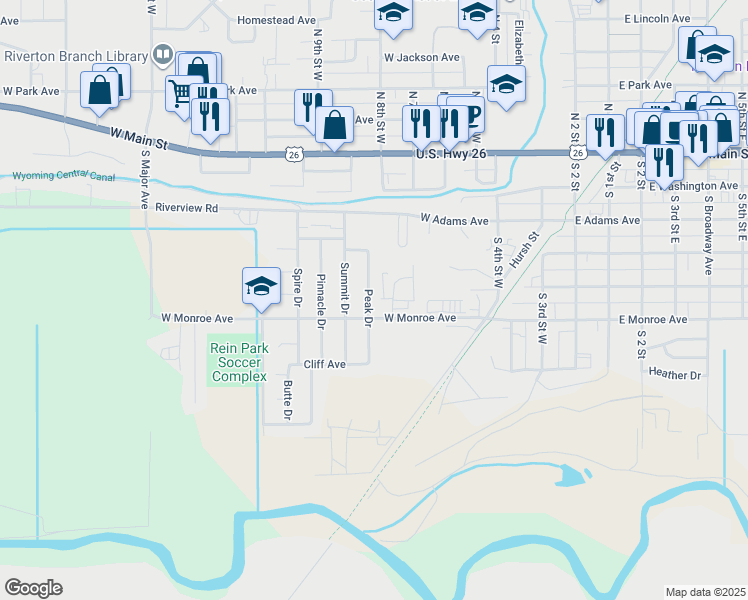 map of restaurants, bars, coffee shops, grocery stores, and more near 509 Peak Drive in Riverton
