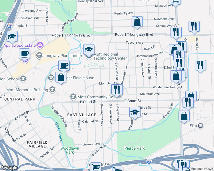 map of restaurants, bars, coffee shops, grocery stores, and more near 708 South Franklin Avenue in Flint