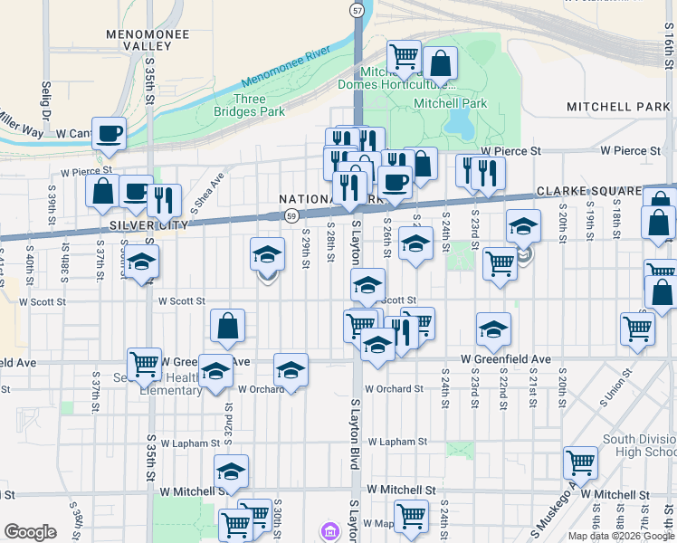 map of restaurants, bars, coffee shops, grocery stores, and more near 1113 South Layton Boulevard in Milwaukee