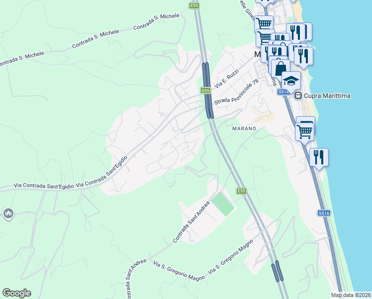 map of restaurants, bars, coffee shops, grocery stores, and more near 26 Via Marche in Cupra Marittima
