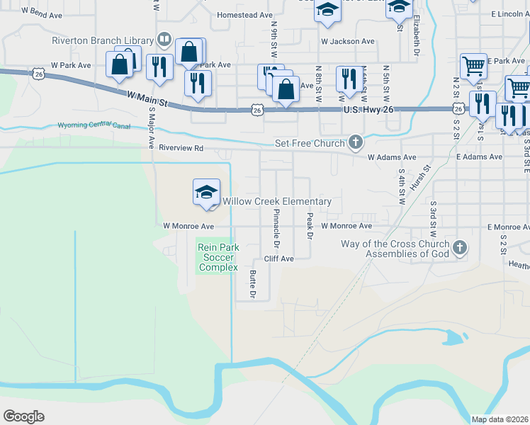 map of restaurants, bars, coffee shops, grocery stores, and more near 509 Spire Drive in Riverton