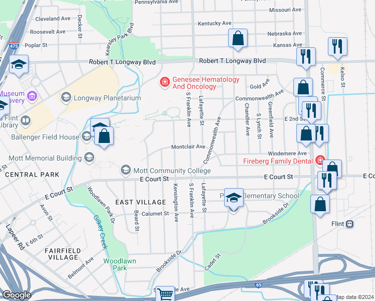 map of restaurants, bars, coffee shops, grocery stores, and more near 708 South Franklin Avenue in Flint