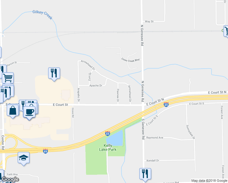 map of restaurants, bars, coffee shops, grocery stores, and more near 1051 Pawnee Drive in Burton